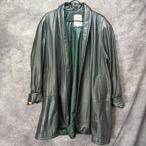 VTG 80s Avanti Dark Green Genuine Leather Jacket Womens L Open Front Retro